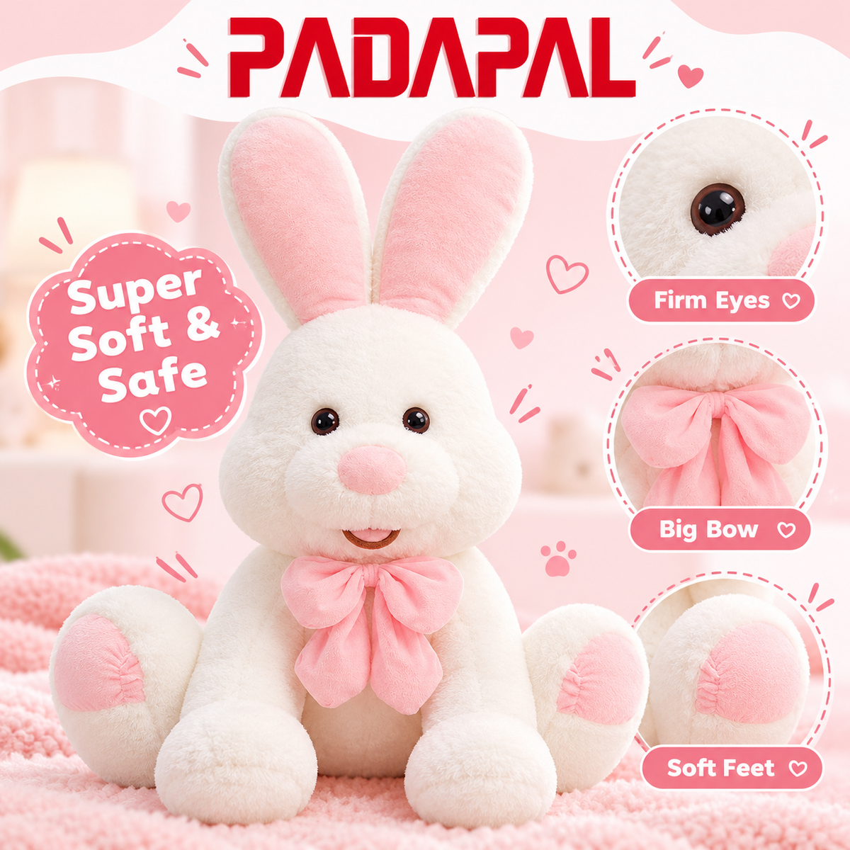 40-Inch Large Soft Bunny Plush – Pink Bow Rabbit Stuffed Animal.
